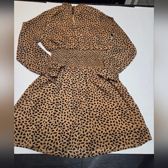 She + Sky Tan Fit and Flare Dress with Crew Neck and Bishop Sleeves - Picture 3 of 11